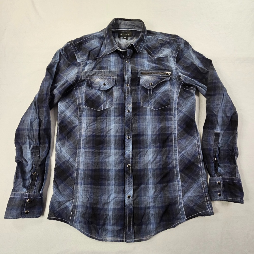 INC International Concepts Blue Plaid Long Sleeve Cotton Button-Up Shirt Men's M